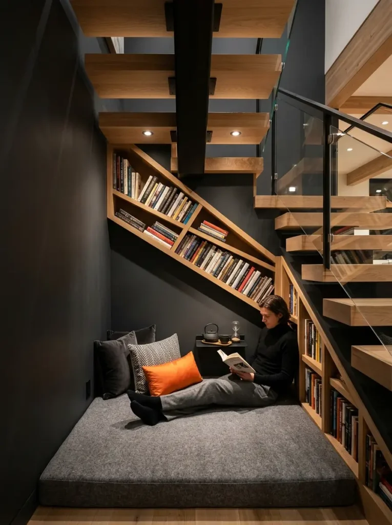 Under Stair Bookcase Man reading on a floor pad underneath a staircase filled with built in bookshelves.