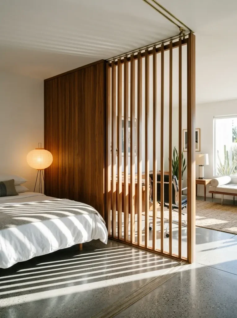 Slatted Wood Room Divider Vertical wooden slat room divider separating a bedroom from a home office workspace.