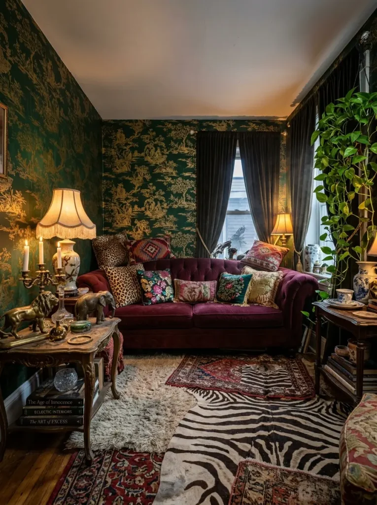 Dark maximalist living room filled with clashing green wallpaper zebra print rugs and a burgundy velvet sofa
