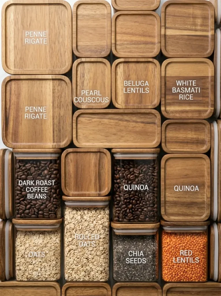 Square wooden lids cover clear glass jars filled with labeled dry goods.