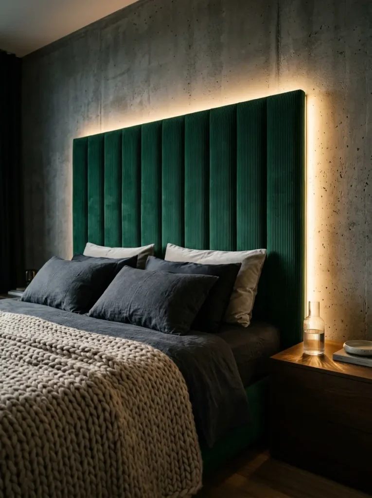 Green velvet headboard with backlighting for dark apartments against a concrete wall.