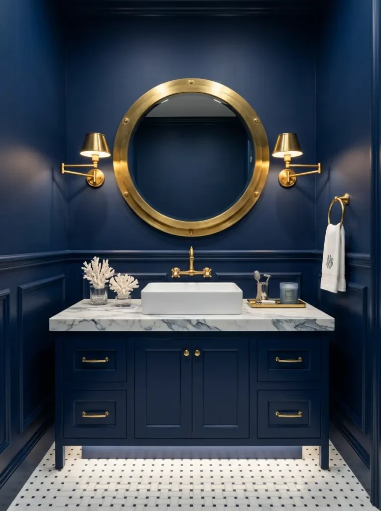 Navy Blue Nautical Powder Room Dark navy blue walls with brass porthole mirror and marble