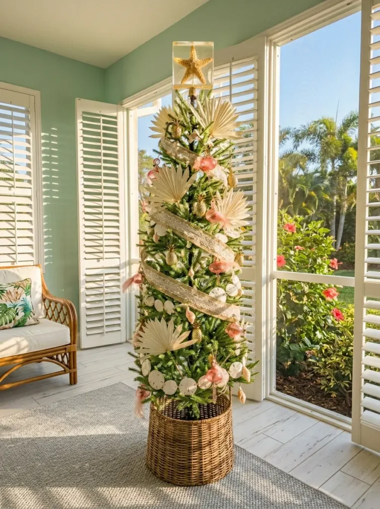 Slender green tree decorated with dried palm fronds golden pineapples and pink flamingo ornaments