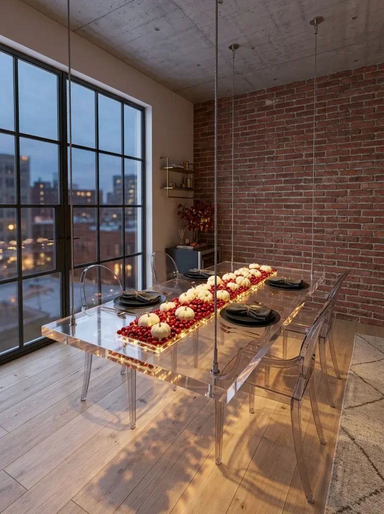 Rectangular clear acrylic dining table suspended by cables holding a center trench of illuminated cranberries