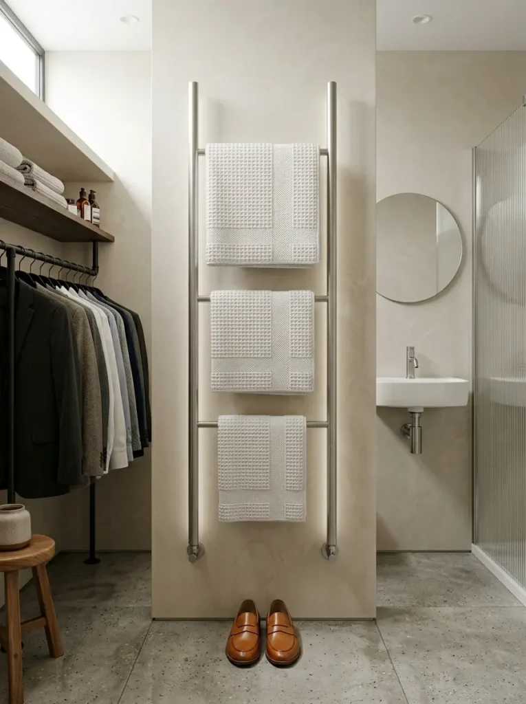 Three crisp white towels hang spaced out from top to bottom on tall silver metal bars attached to a wall.