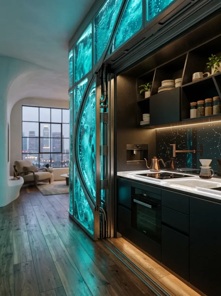 A sliding glass room divider filled with glowing teal bubbling water, pushed open to show a dark kitchen with a starry night backsplash.