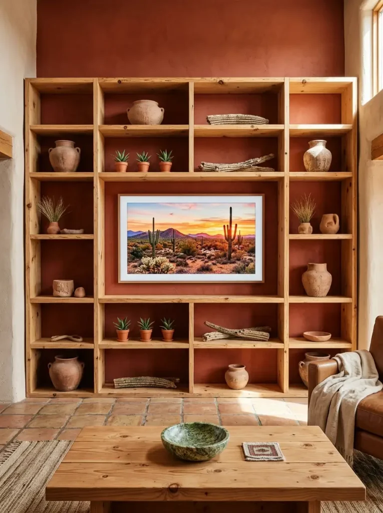 Terracotta wall with wood cubbies framing a screen displaying a desert in a small living room tv wall.