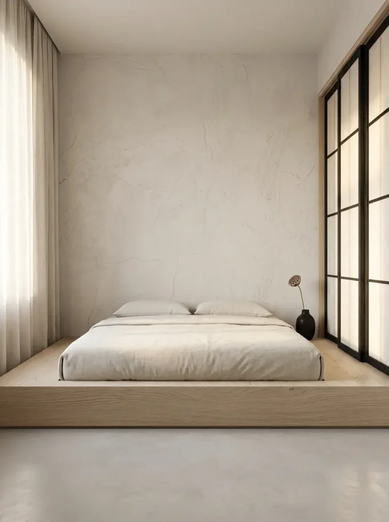 Extremely minimalist setup featuring a low wooden platform holding a simple white bed against textured pale plaster walls