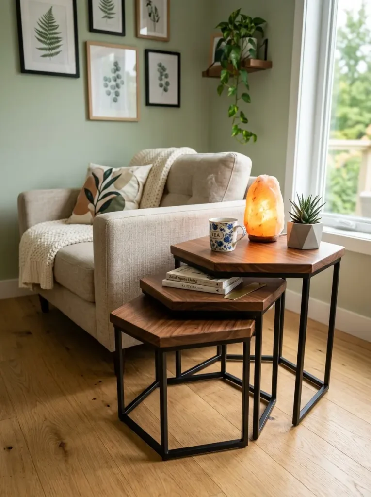 Hexagonal wood tables hold a glowing salt lamp and a hot mug.