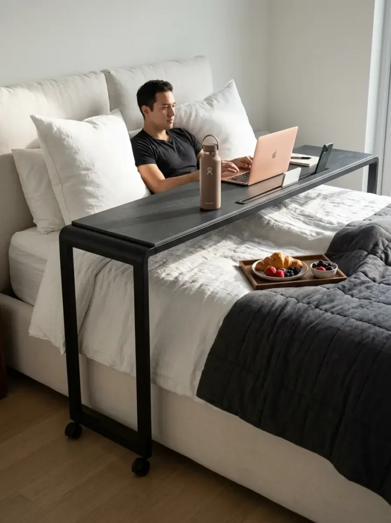 Black metal frame desk rolling over a white bed.