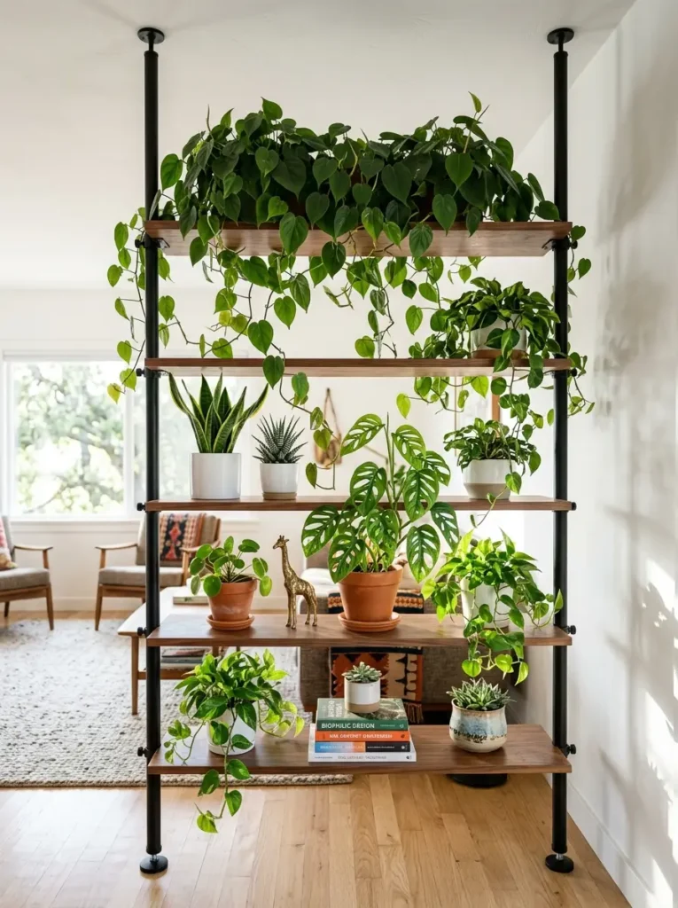 Floor to ceiling black metal tension poles supporting wooden shelves filled with various potted houseplants.
