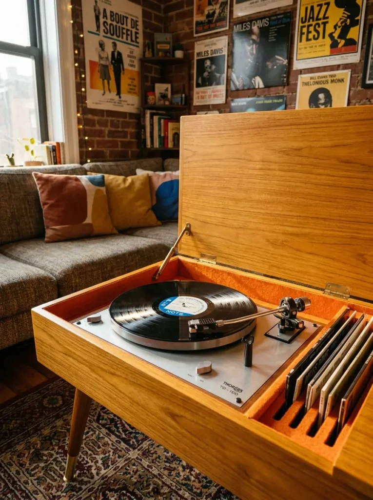 Hidden Turntable Wood Table Wooden midcentury table with a hinged lid revealing a built in silver turntable and record slots.