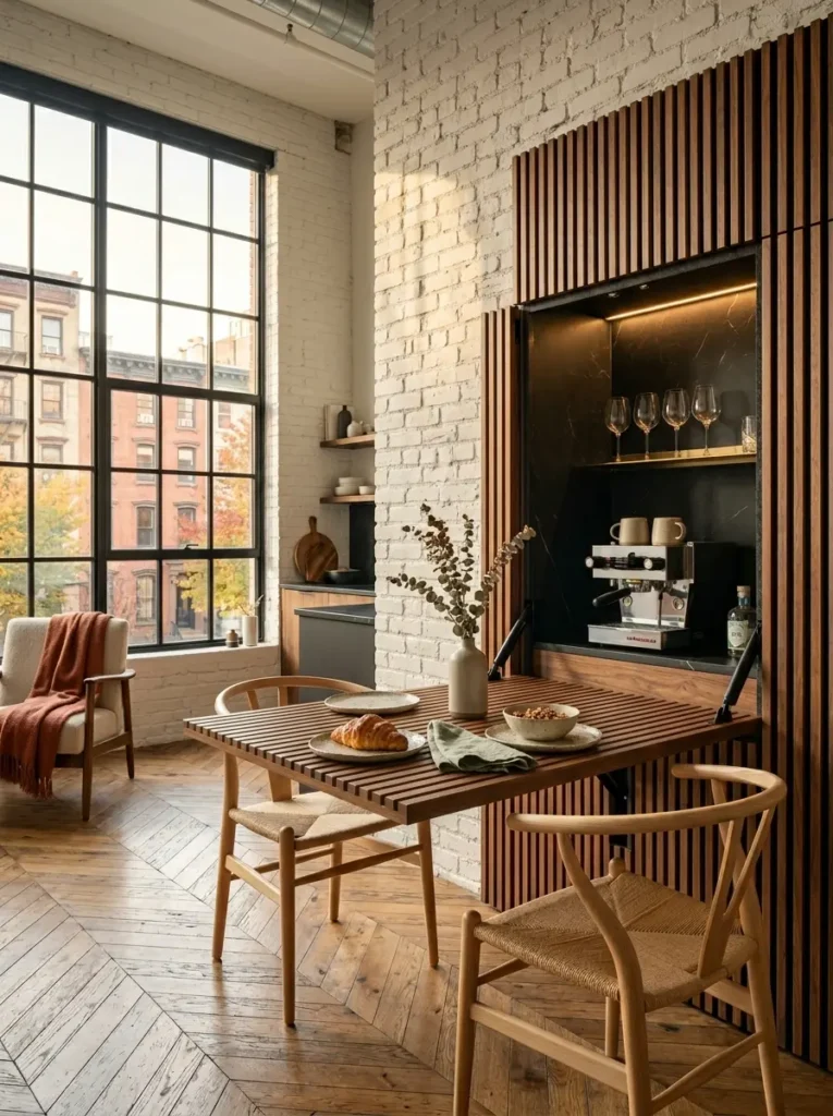 Slatted Wooden Coffee Bar Drop Down Extension Slatted wood drop down space saving dining table extending from a tall dark interior coffee bar cabinet.