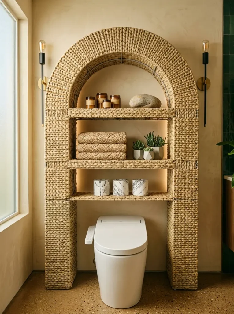 Large woven seagrass arched frame with three shelves standing over a toilet