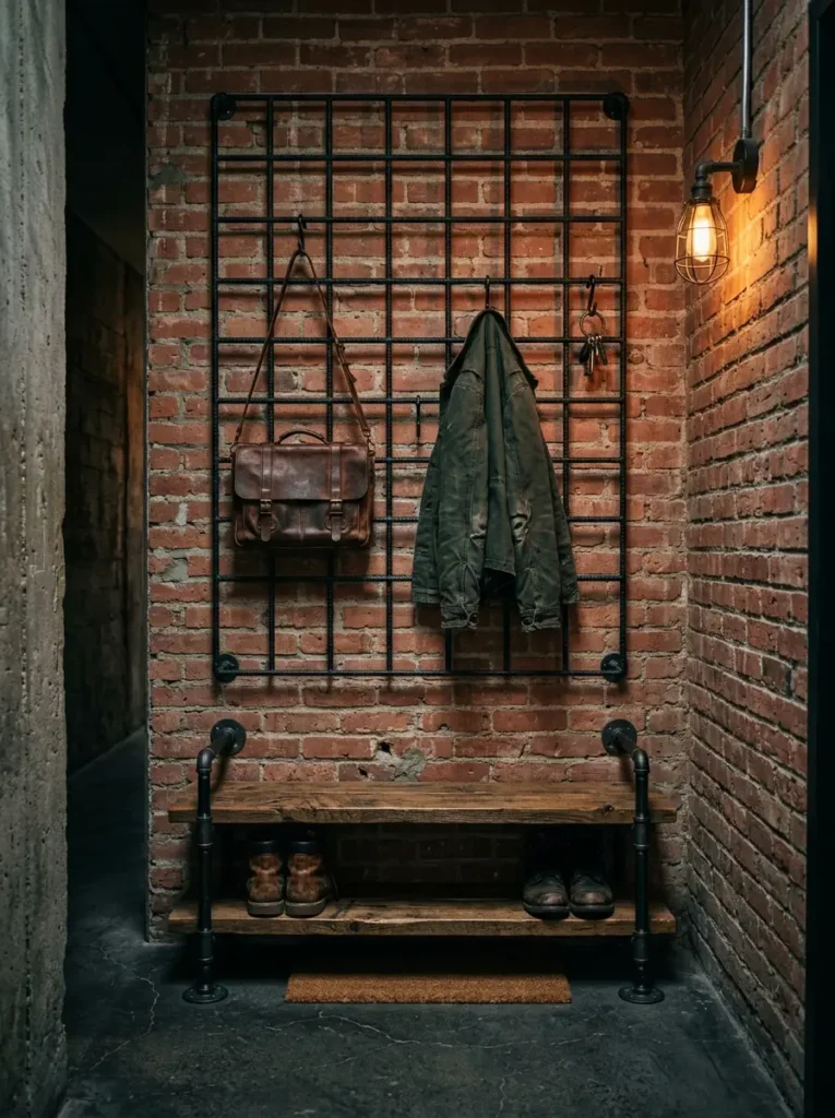 Heavy iron rebar grid mounts to a brick wall holding a leather bag above a rustic pipe bench.