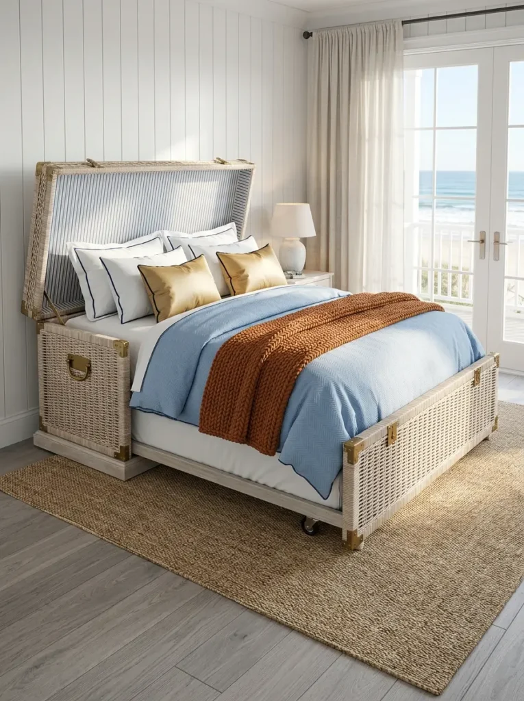 Woven Wicker Trunk Bed Oversized white woven wicker vintage storage trunk with a lid that opens to form an affordable murphy bed headboard.