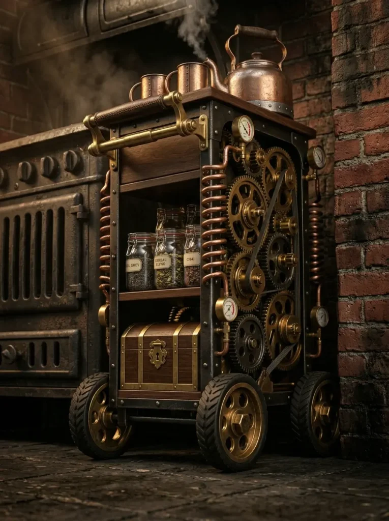 Brass and copper steampunk cart with visible gears and mechanical gauges