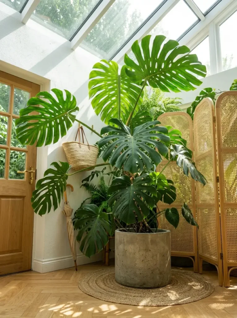 Massive green Monstera plant in a concrete pot dominates a bright corner next to a rattan divider.