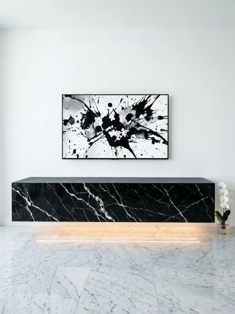 Floating black marble console with LED underglow beneath a screen on a small living room tv wall.
