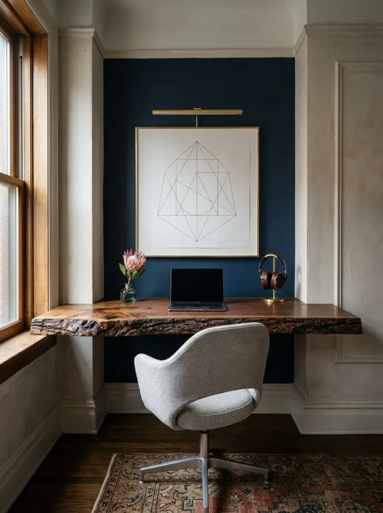 Thick live edge wood slab desk in a dark blue alcove.