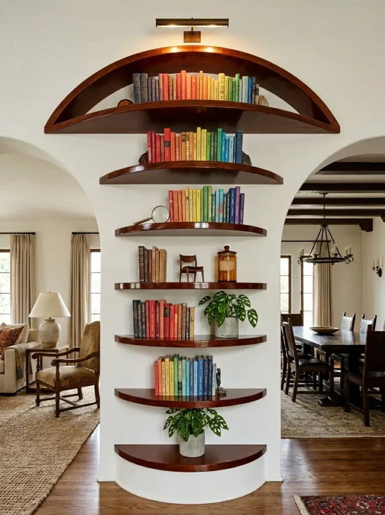 White architectural archway with curved dark wood shelves holding a rainbow gradient of books.