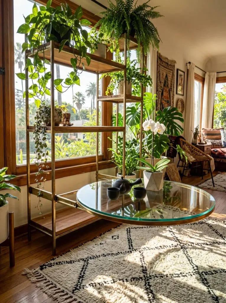 Brass Plant Stand Swing Out Glass Circle Brass shelving unit holding plants with a swing out circular glass space saving dining table.