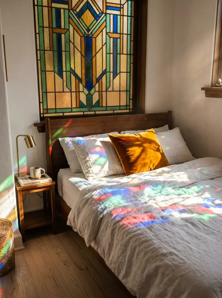 Cozy bedroom showing colorful bright light rays shining through a geometric stained glass window onto white bedding