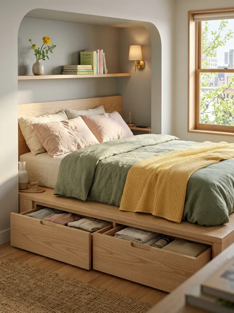 Wooden bed frames feature open lower drawers filled with folded blankets.