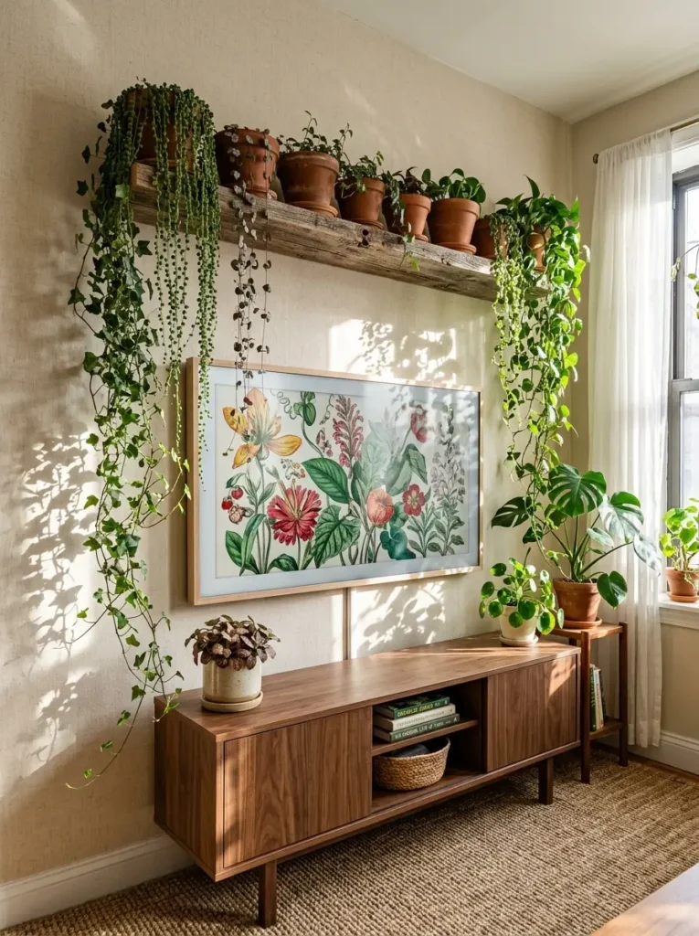 Reclaimed wood plant shelf with trailing vines above a floral display in a small living room tv wall.