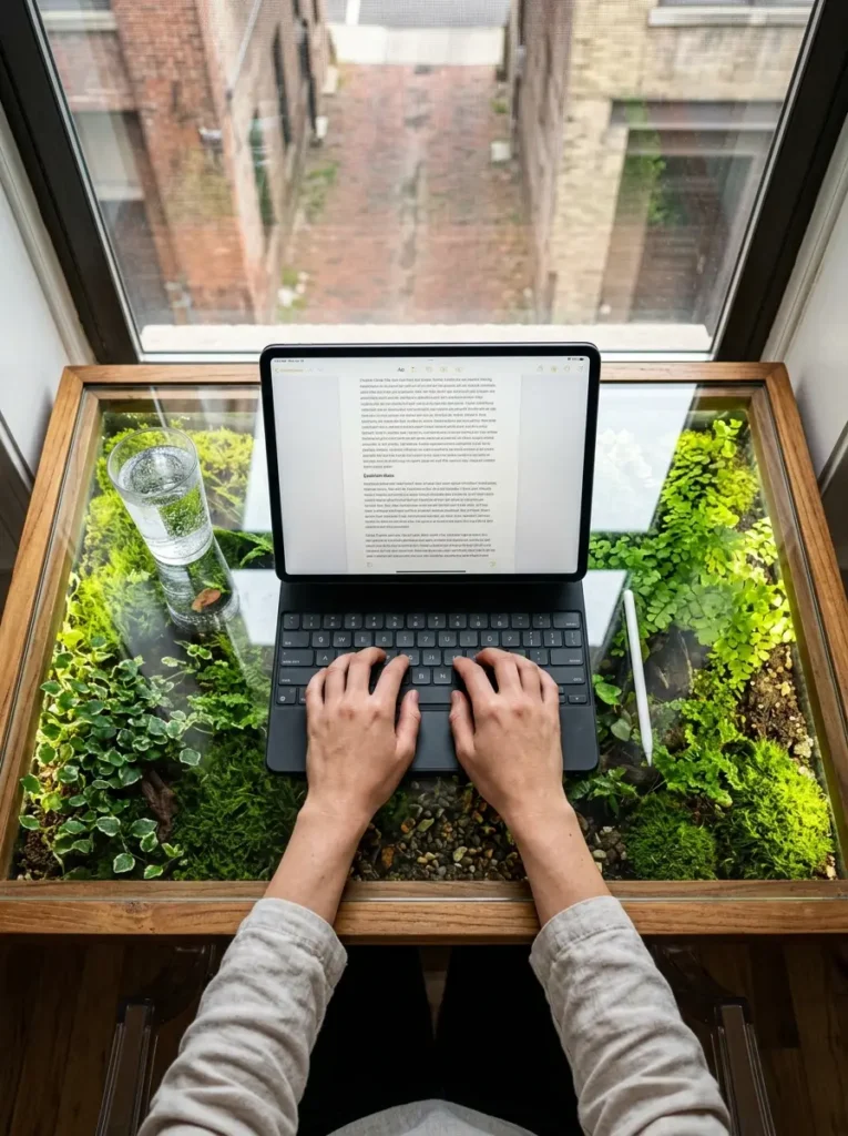 Glass top desk containing ferns and moss plants inside.