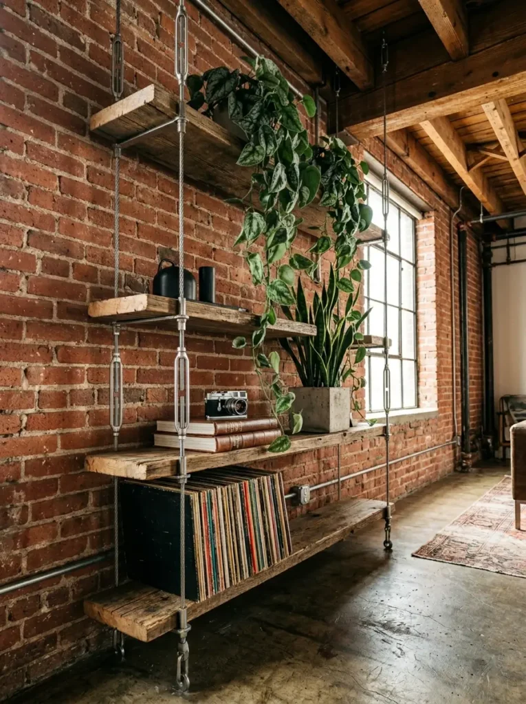 Industrial shelving unit made of thick wire cables metal turnbuckles and reclaimed wood holding records.