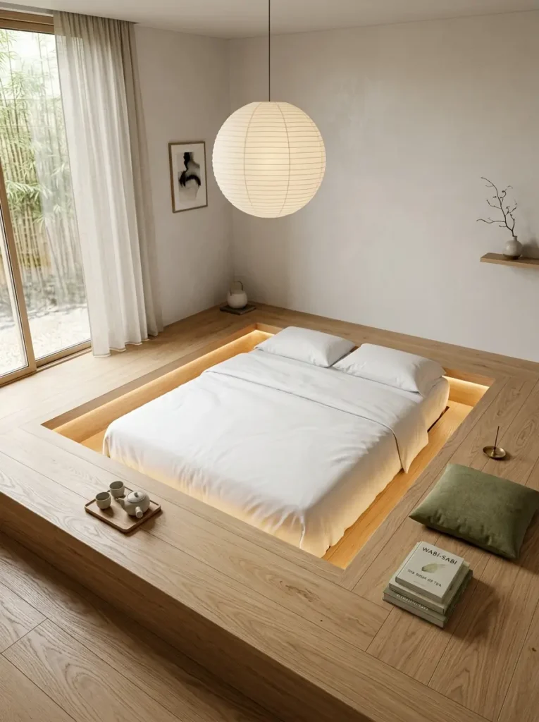 Raised light wooden floor featuring a sunken cutout holding a crisp white mattress illuminated by glowing border lights