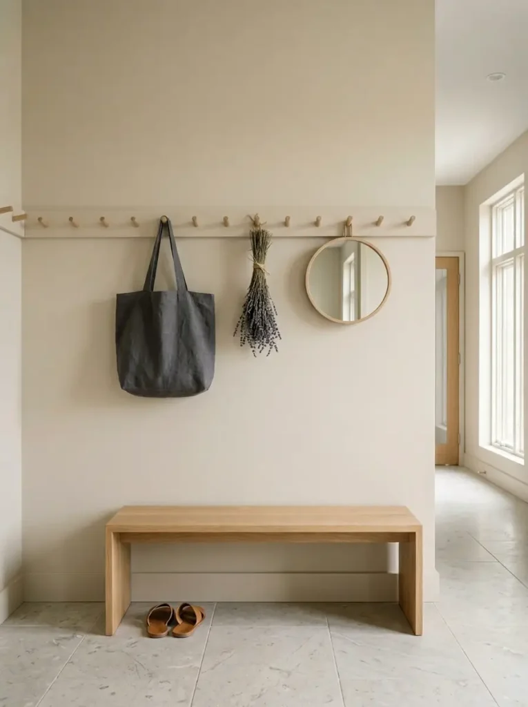 Long wooden peg rail stretches across a beige wall holding a tote bag over a simple oak bench.