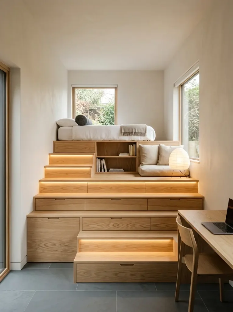Smart space saving design showing wooden steps with glowing lights and built in drawers leading up to a raised bed