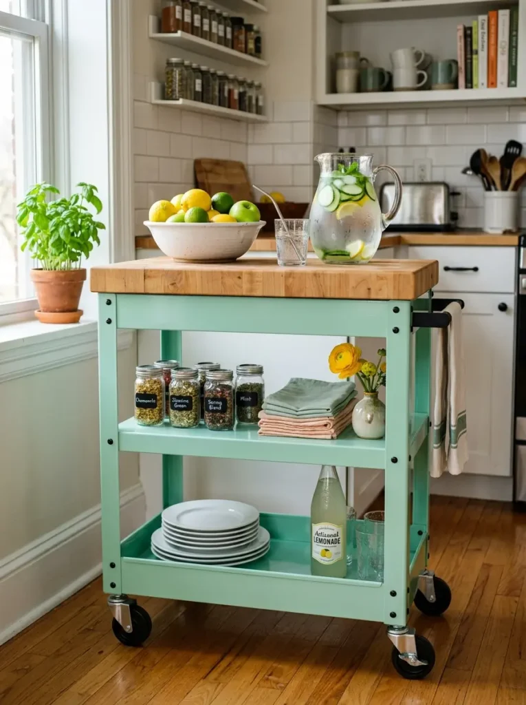 Mint green carts with butcher block tops hold lemons and glass spice jars.