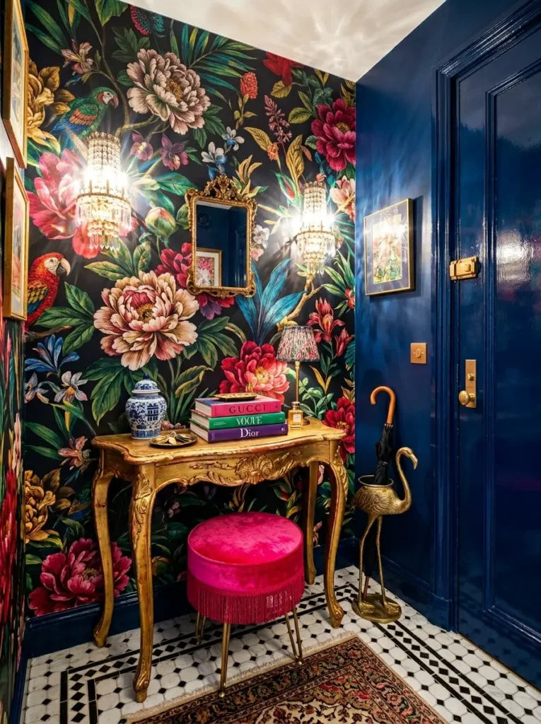 Vibrant floral wallpaper with parrots surrounds an ornate gold table beside a high gloss navy blue door.