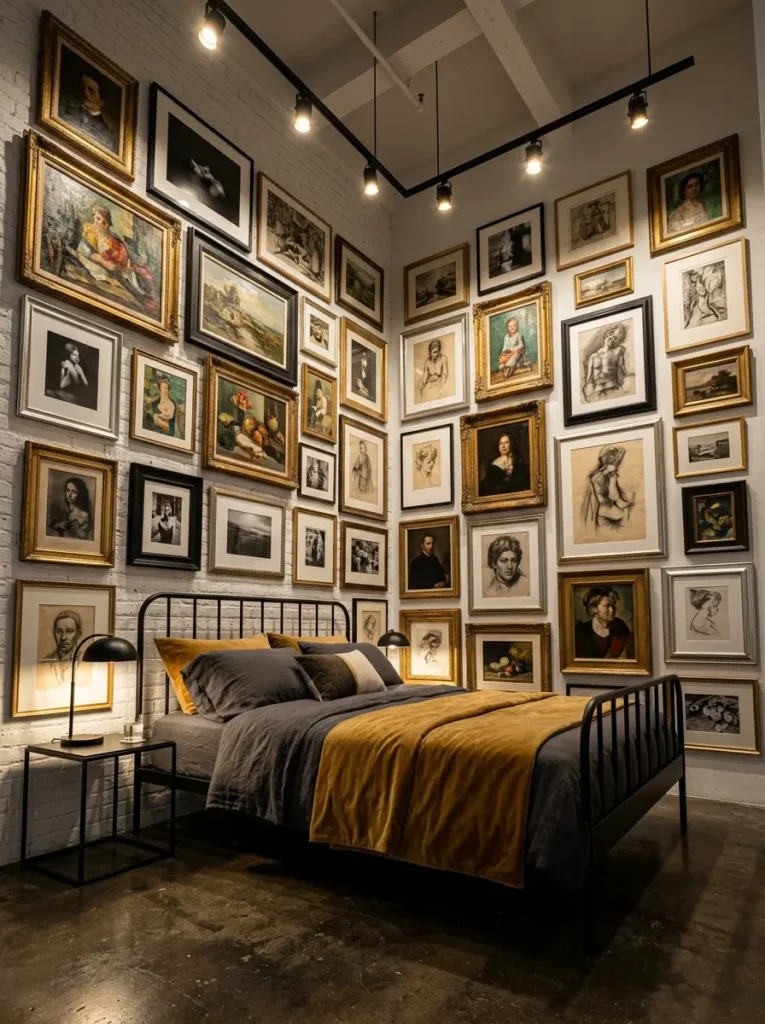 Small bedroom featuring dozens of vintage framed paintings covering a white brick wall from floor to ceiling behind a dark bed