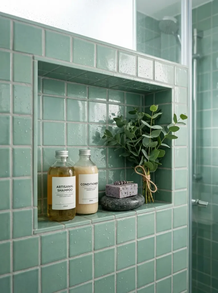 Seafoam green tiles line a shower niche holding artisanal shampoo and leaves.
