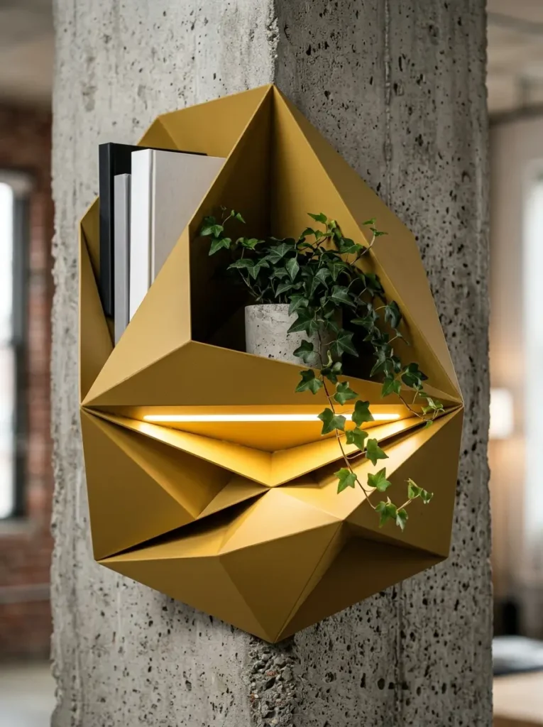 Mustard yellow faceted metal shelf wrapping around a concrete column holding books and trailing ivy.