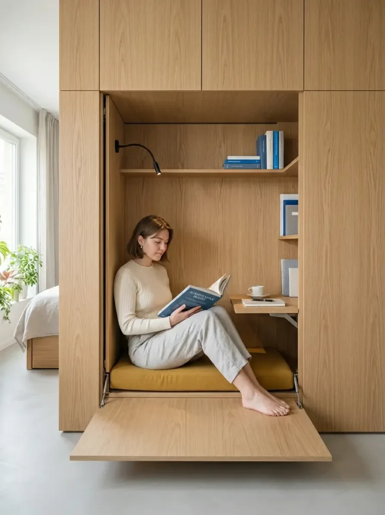 Hidden Cabinet Retreat Woman sitting on a yellow cushion inside a wooden cabinet reading a book
