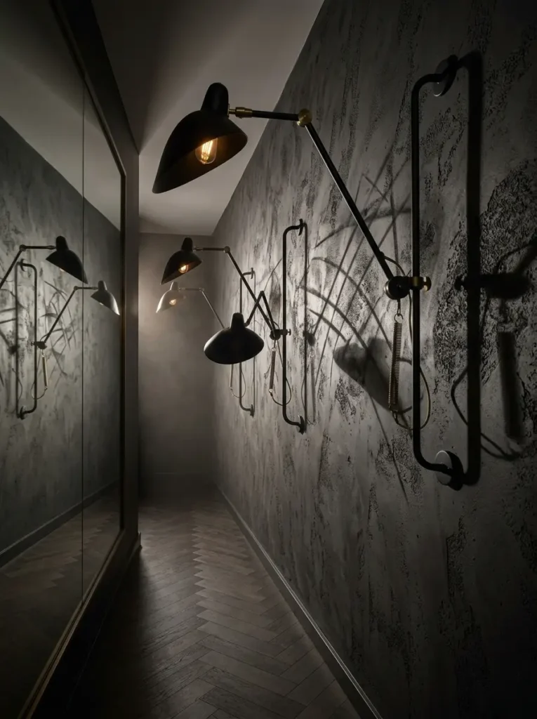Black Wall Mounted Lights Industrial black wall sconces illuminate a narrow gray hallway with leaning floor mirrors.