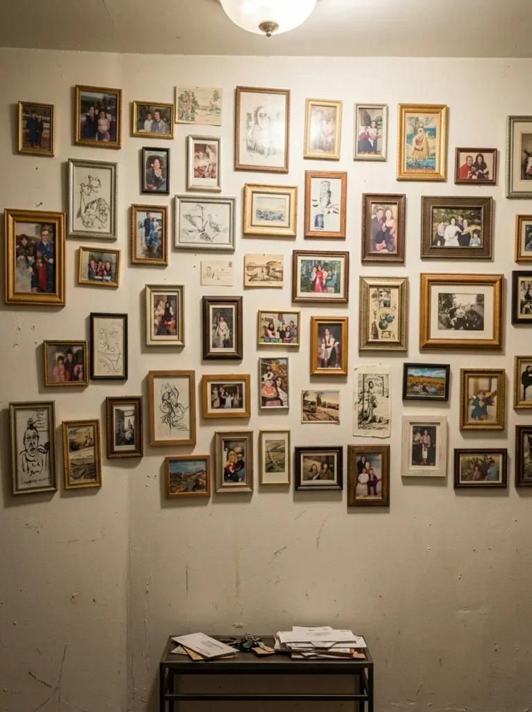 Wall covered edge to edge with dozens of small framed photos and art prints creating a chaotic look