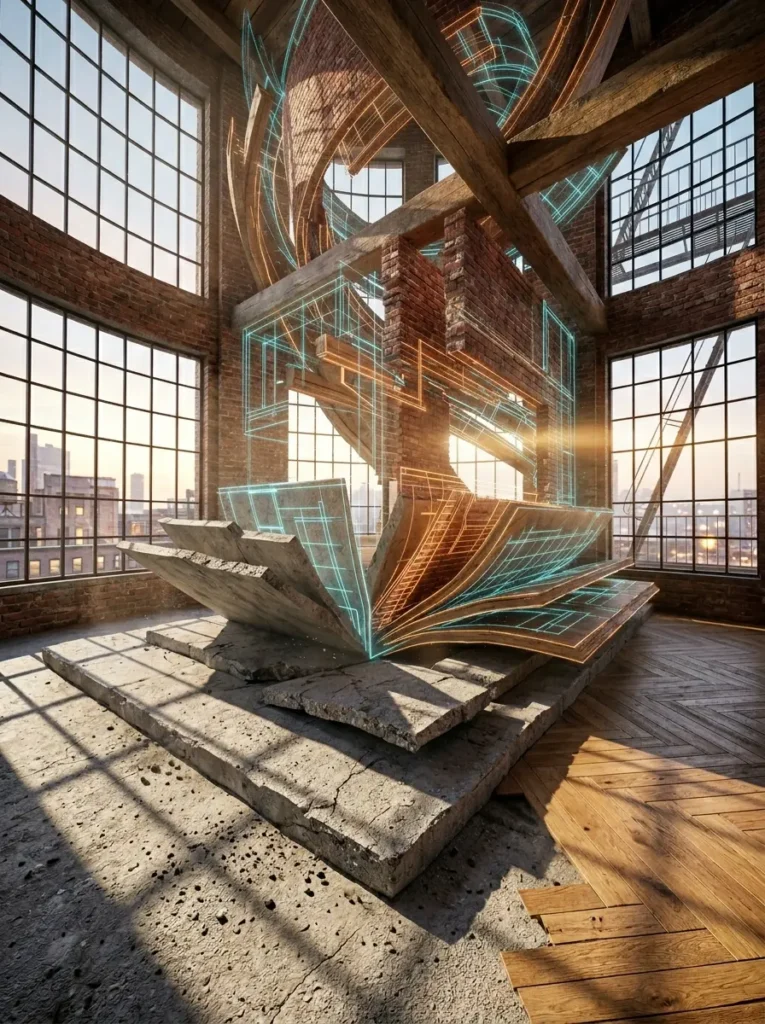 Glowing neon blueprints rise magically from an open concrete loft floor.