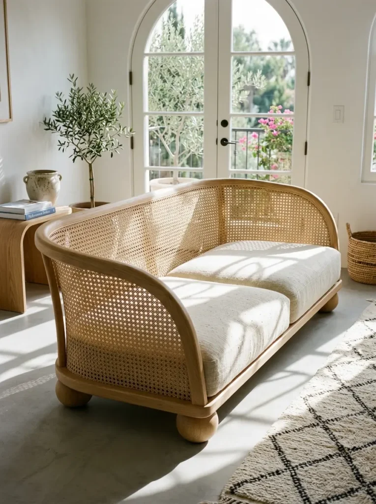 Curved Cane Lounge Sofa Light oak wood sofa frame with woven rattan backrest and cream seat cushions