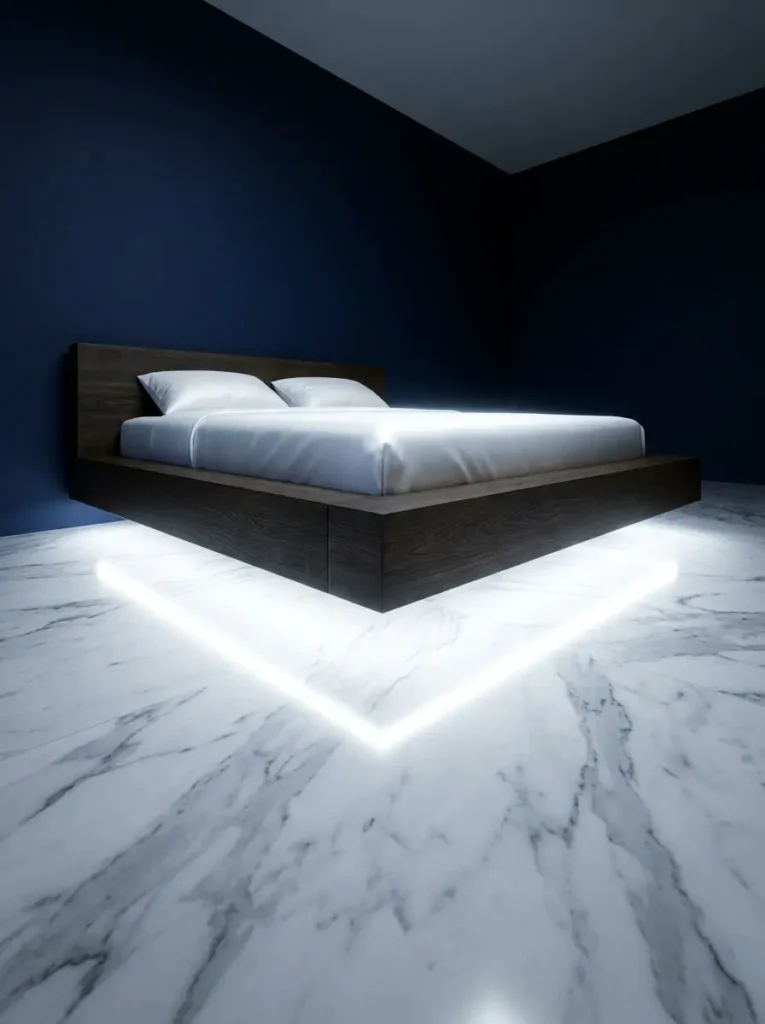 Floating bed with bright underbed perimeter lighting for dark apartments on a marble floor.