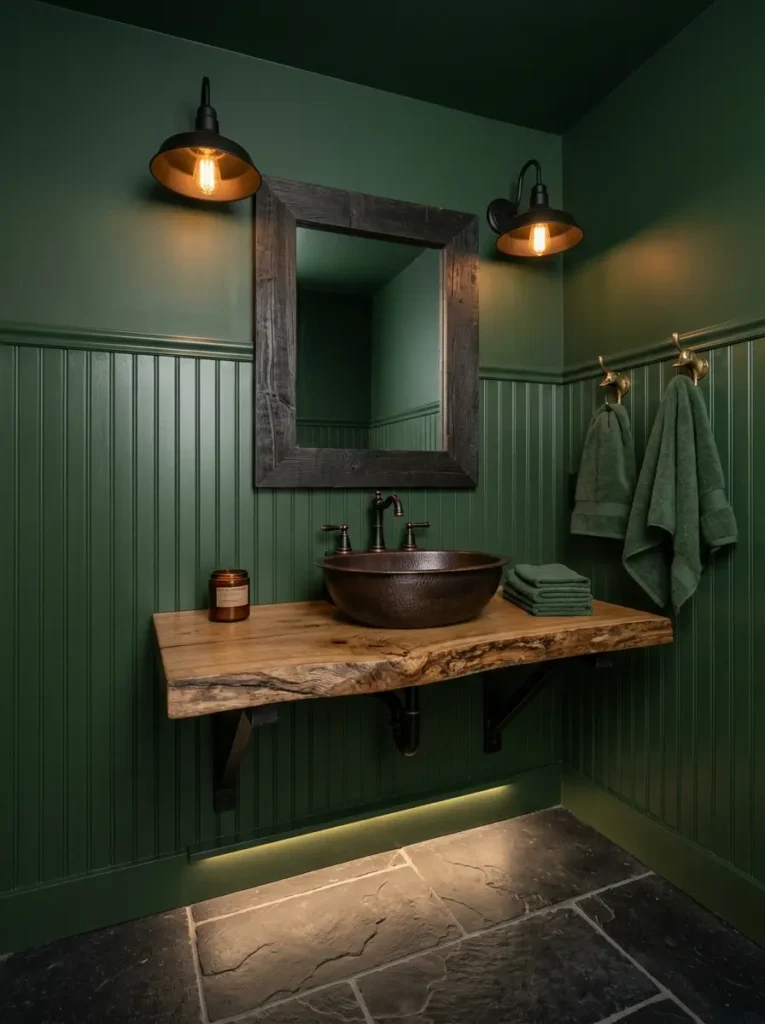 Forest Green Wood Panel Bathroom Dark forest green bathroom with rustic wood vanity and amber lights