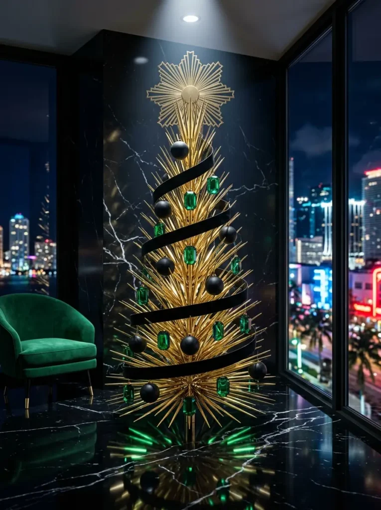 Gold metallic spike tree with emerald gems and black spheres in a modern room with a city view