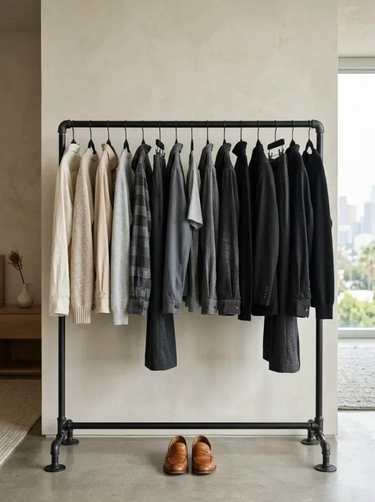 Black metal pipe stand holds fifteen shirts on velvet hangers above two brown leather shoes.