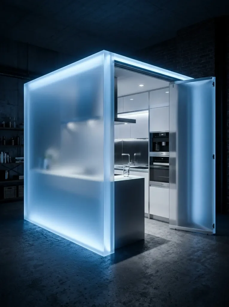 A glowing frosted glass cube room divider with an open door revealing a modern white kitchen inside.