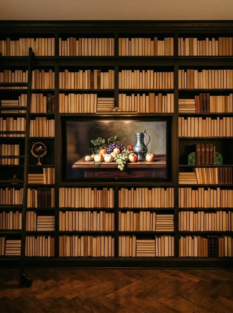 Dark wood library built in shelves disguise a screen for a small living room tv wall design.